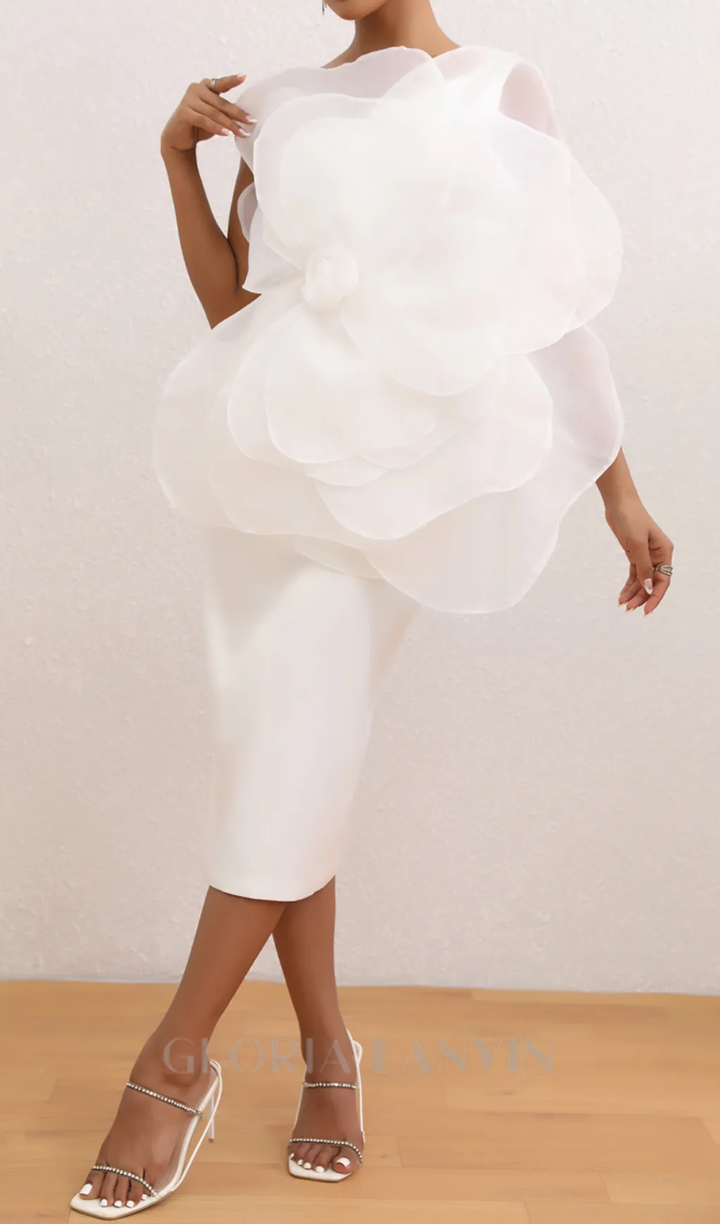 ANDREA MESH FLOWER ONE SHOULDER MIDI DRESS IN WHITE Gloria Lanvin