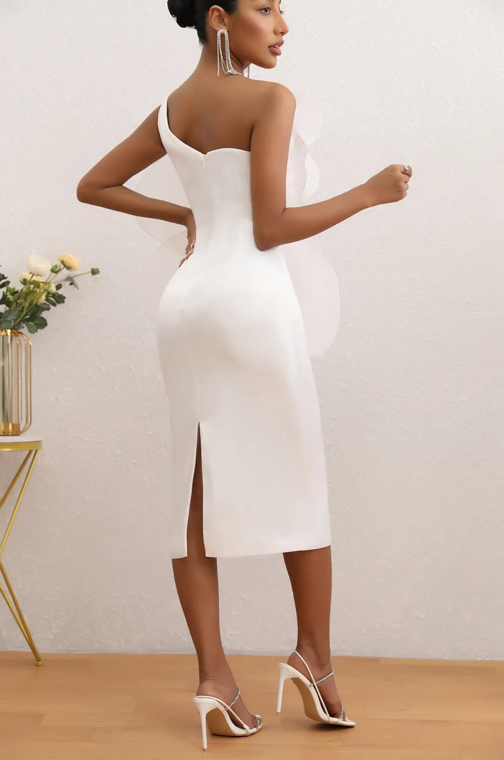 ANDREA MESH FLOWER ONE SHOULDER MIDI DRESS IN WHITE Gloria Lanvin
