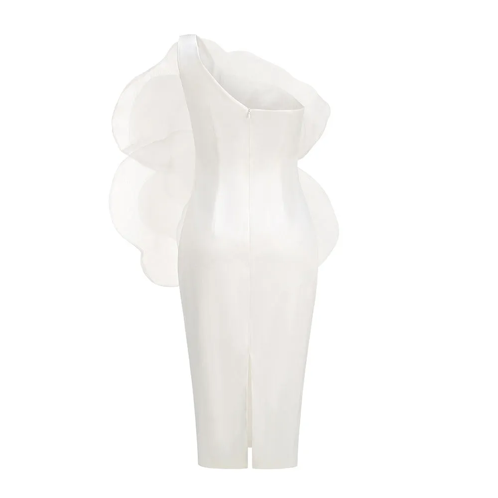 ANDREA MESH FLOWER ONE SHOULDER MIDI DRESS IN WHITE Gloria Lanvin