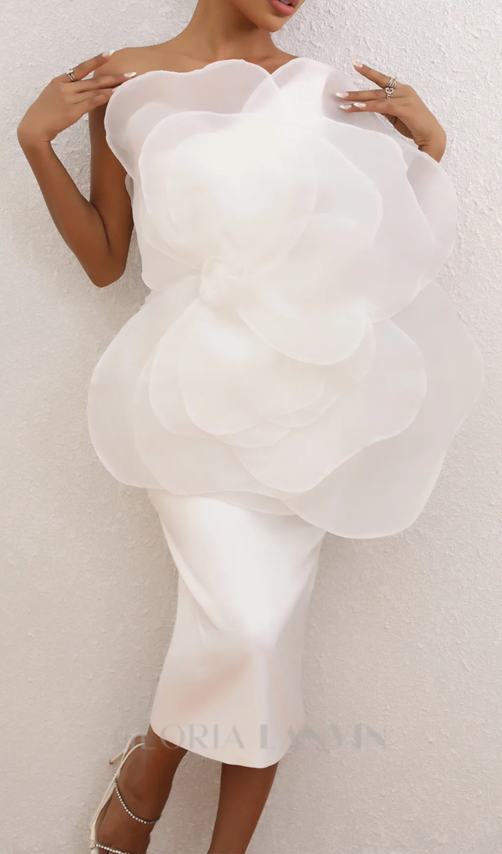 ANDREA MESH FLOWER ONE SHOULDER MIDI DRESS IN WHITE Gloria Lanvin