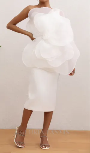 ANDREA MESH FLOWER ONE SHOULDER MIDI DRESS IN WHITE Gloria Lanvin
