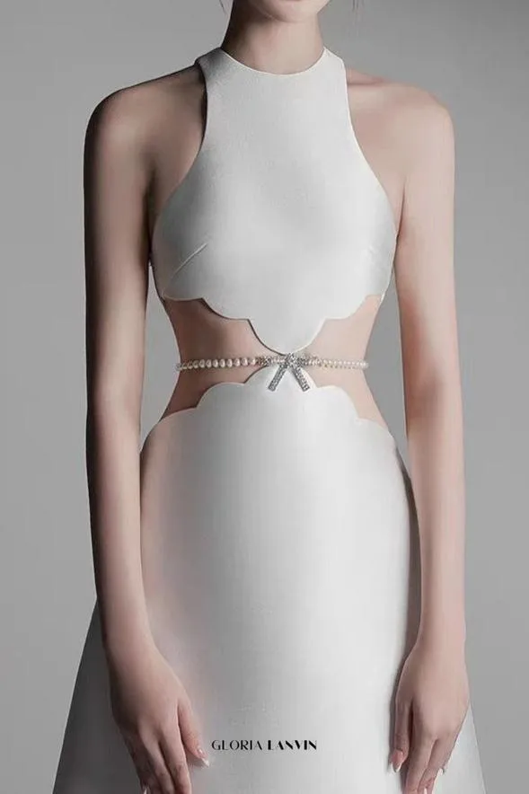 anila pearl chain embellished midi dress in apricot Gloria Lanvin