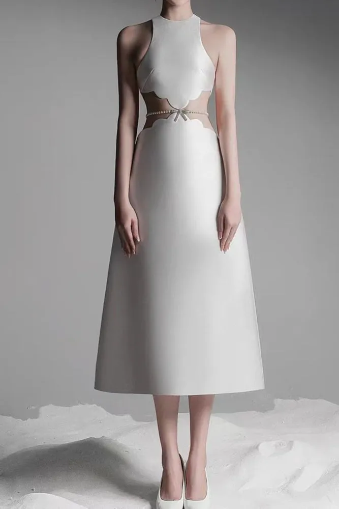anila pearl chain embellished midi dress in apricot Gloria Lanvin