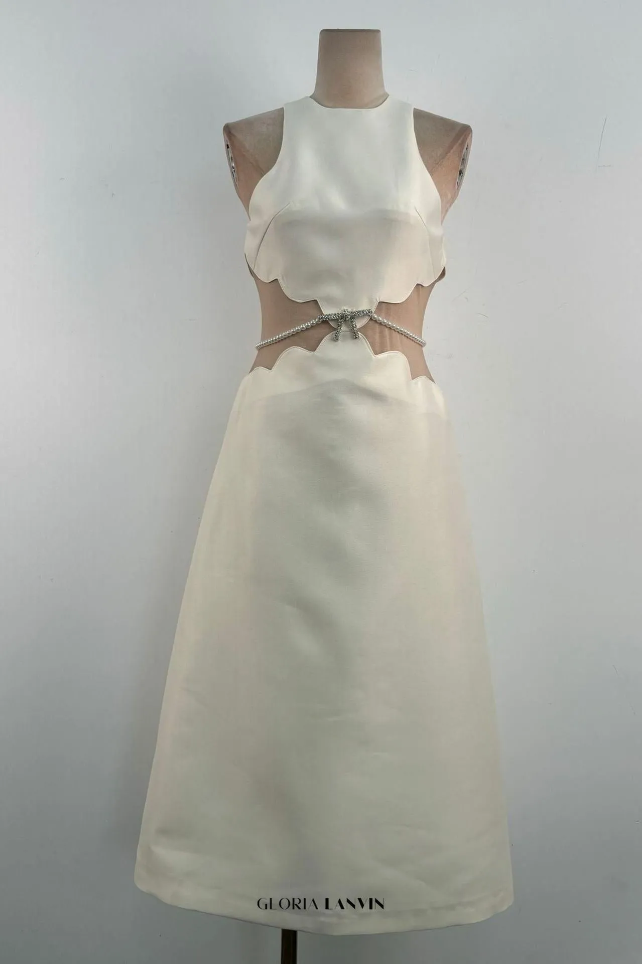 anila pearl chain embellished midi dress in apricot Gloria Lanvin