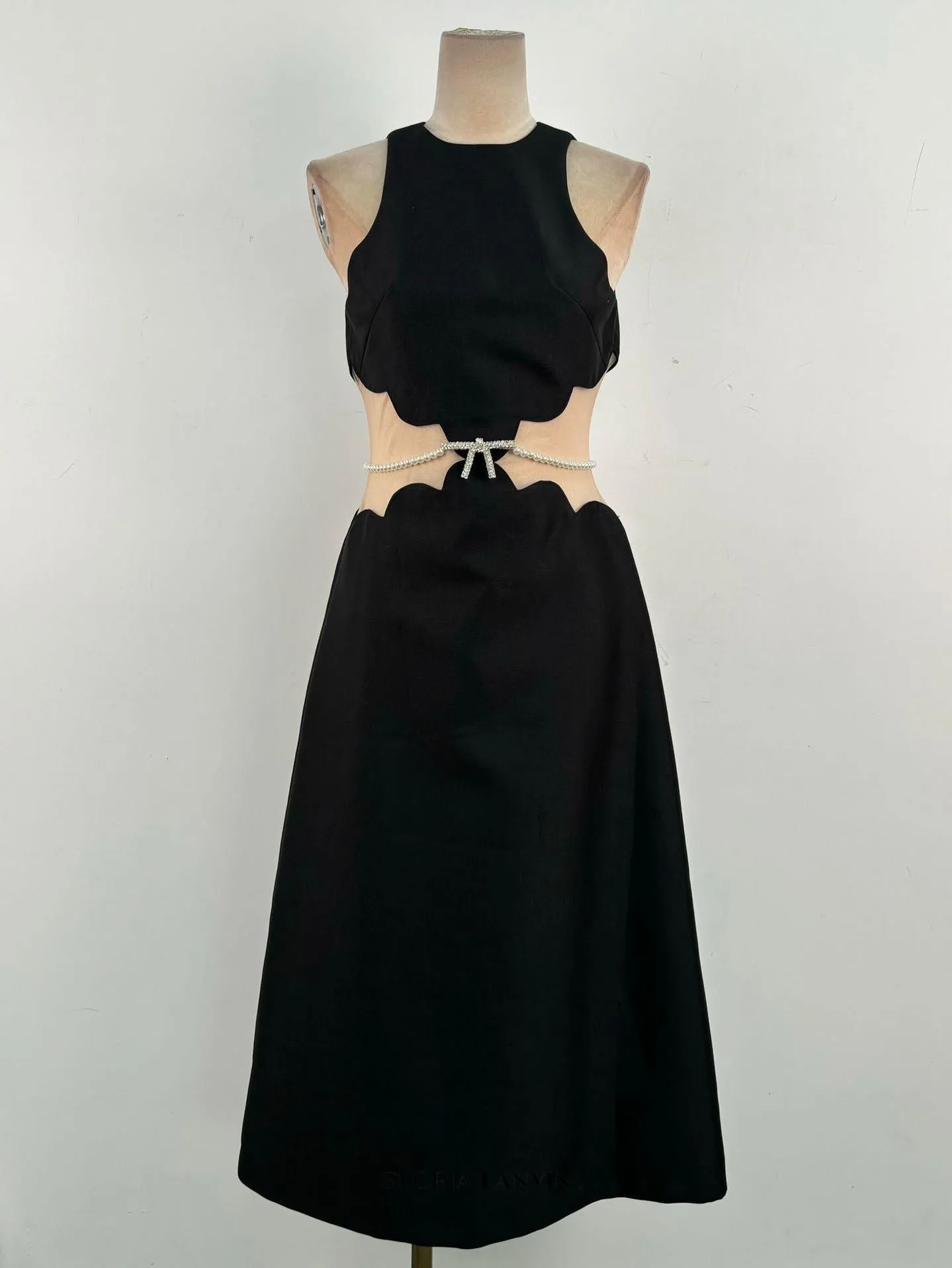 anila pearl chain embellished midi dress in black Gloria Lanvin