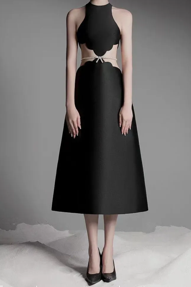 anila pearl chain embellished midi dress in black Gloria Lanvin