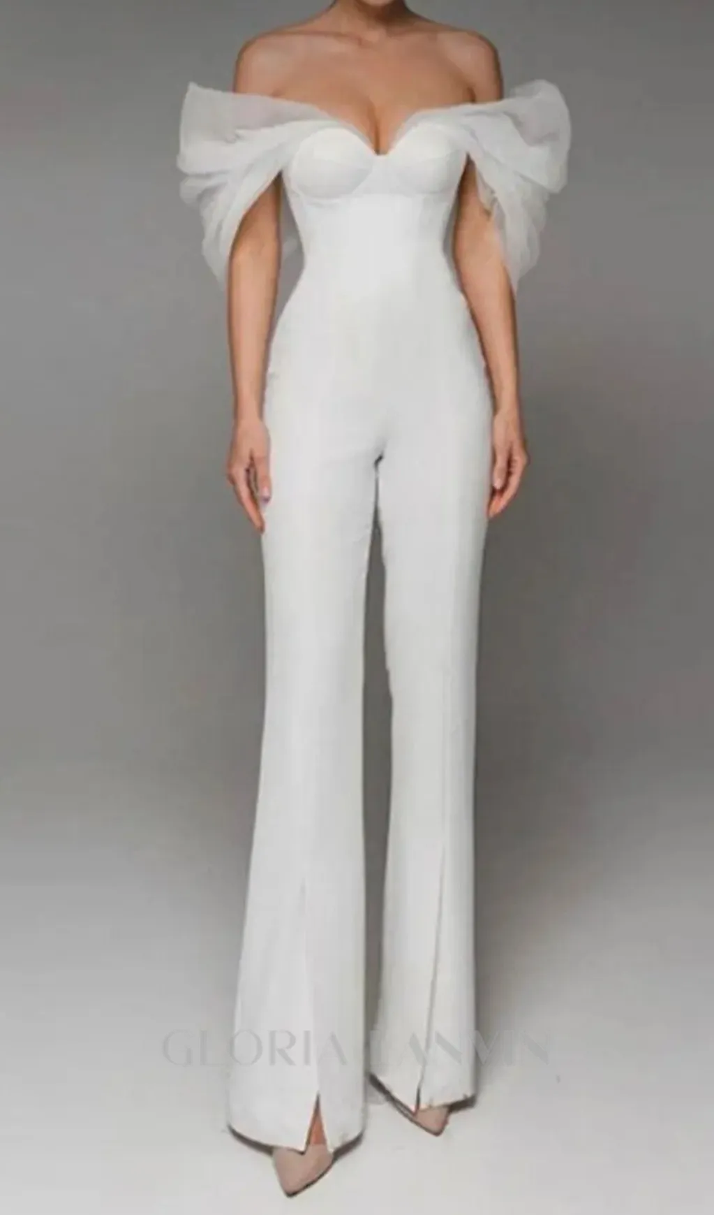 ANILA WHITE TULLE SLEEVE OFF-SHOULDER CORSET JUMPSUIT Gloria Lanvin