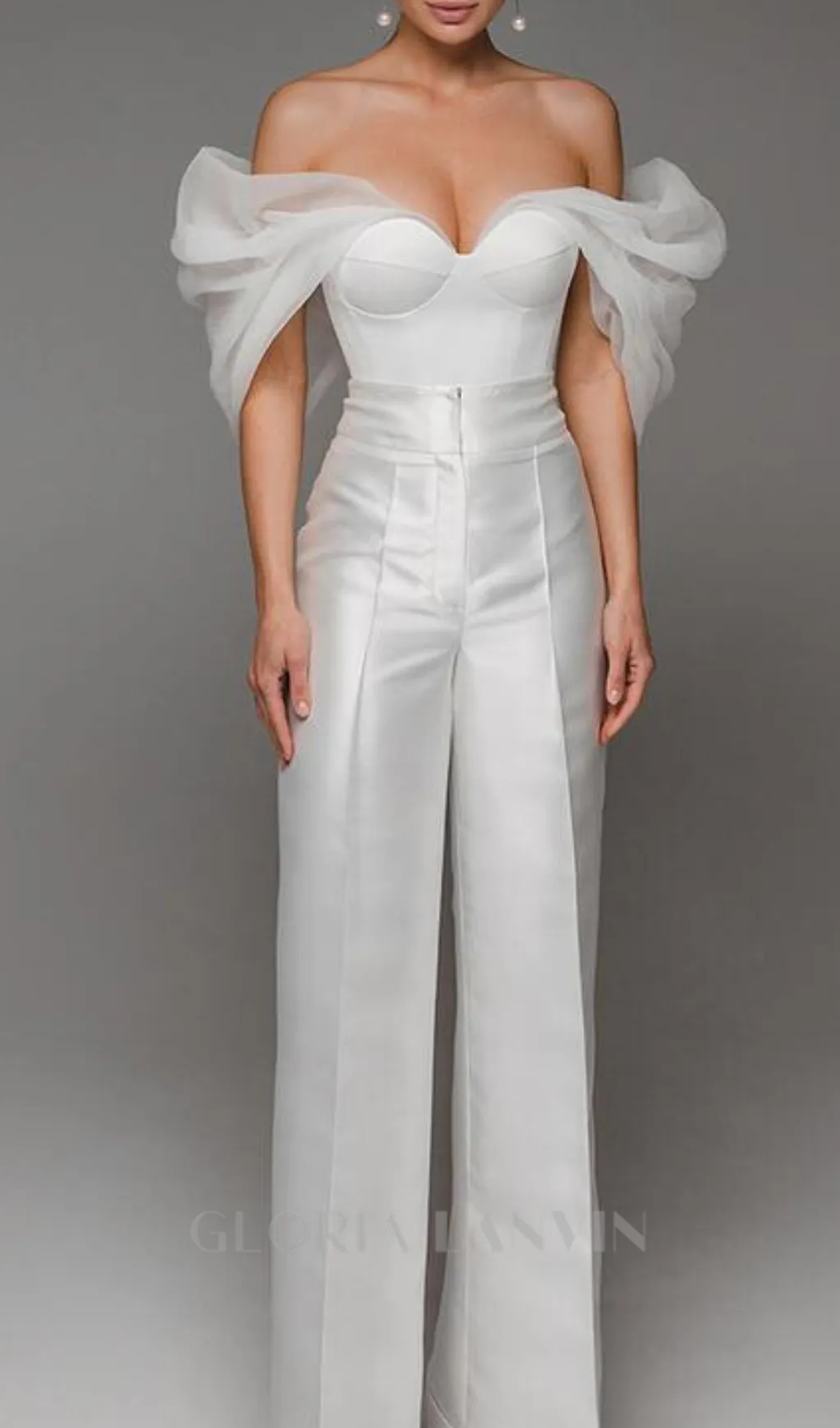 ANILA WHITE TULLE SLEEVE OFF-SHOULDER CORSET JUMPSUIT Gloria Lanvin