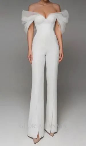 ANILA WHITE TULLE SLEEVE OFF-SHOULDER CORSET JUMPSUIT Gloria Lanvin