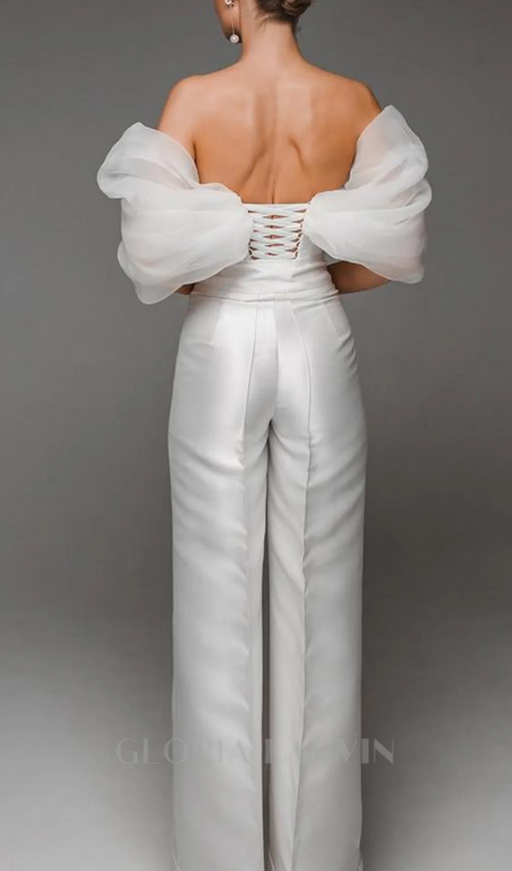 ANILA WHITE TULLE SLEEVE OFF-SHOULDER CORSET JUMPSUIT Gloria Lanvin