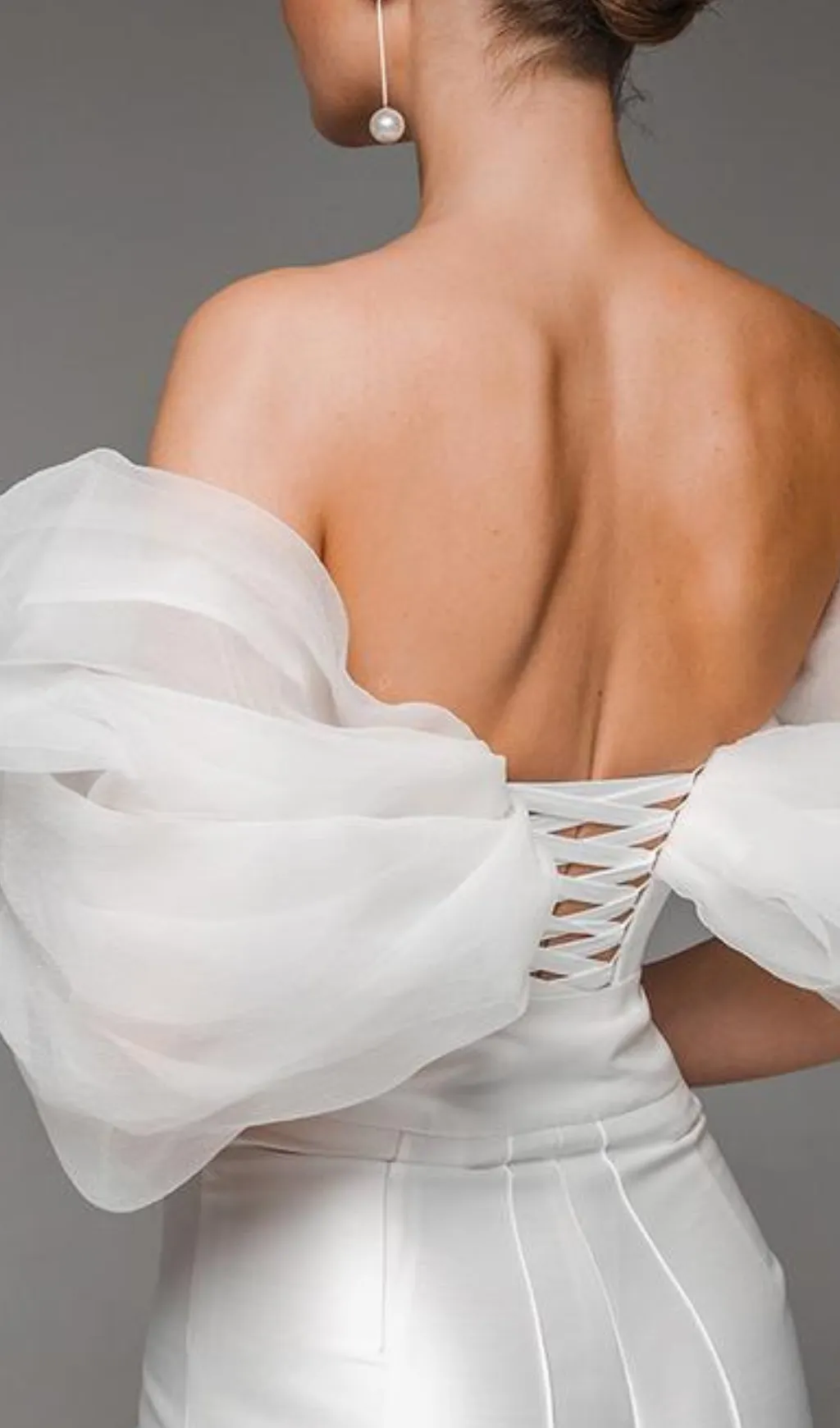 ANILA WHITE TULLE SLEEVE OFF-SHOULDER CORSET JUMPSUIT Gloria Lanvin