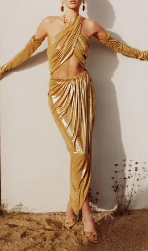 ANILA YELLOW RUCHED LEATHER MIDI DRESS Gloria Lanvin