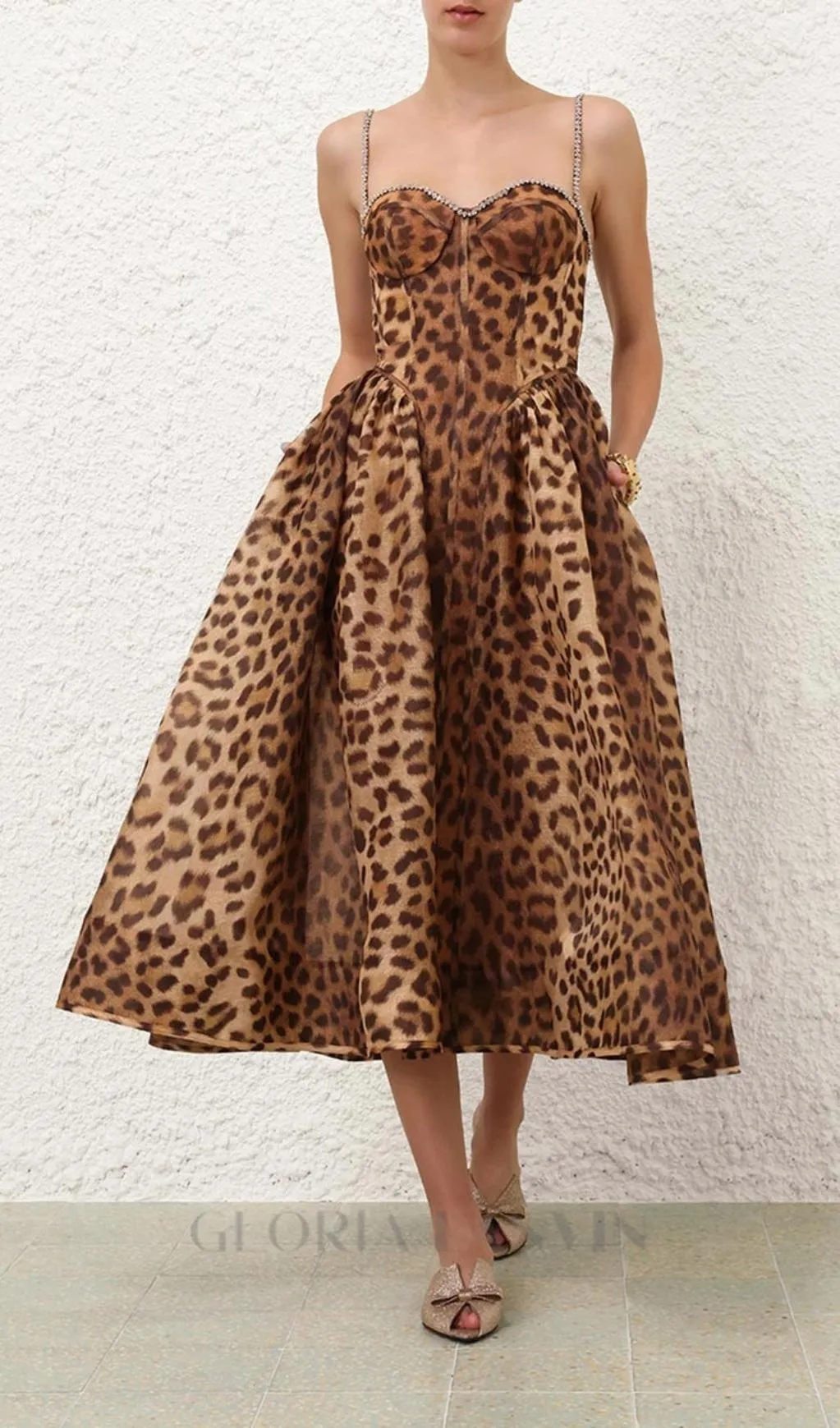 Animal Print Crystal Bustier A Line Midi Dress Gloria Lanvin