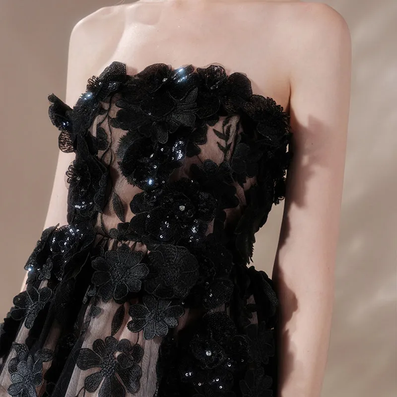 anna crystal floral embroidery midi dress in black Gloria Lanvin