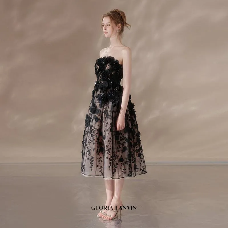 anna crystal floral embroidery midi dress in black Gloria Lanvin