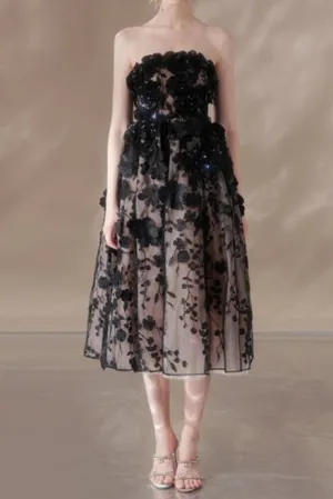 anna crystal floral embroidery midi dress in black Gloria Lanvin