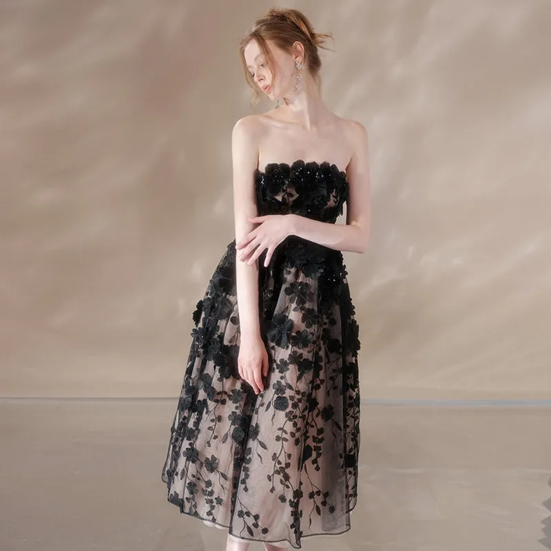 anna crystal floral embroidery midi dress in black Gloria Lanvin