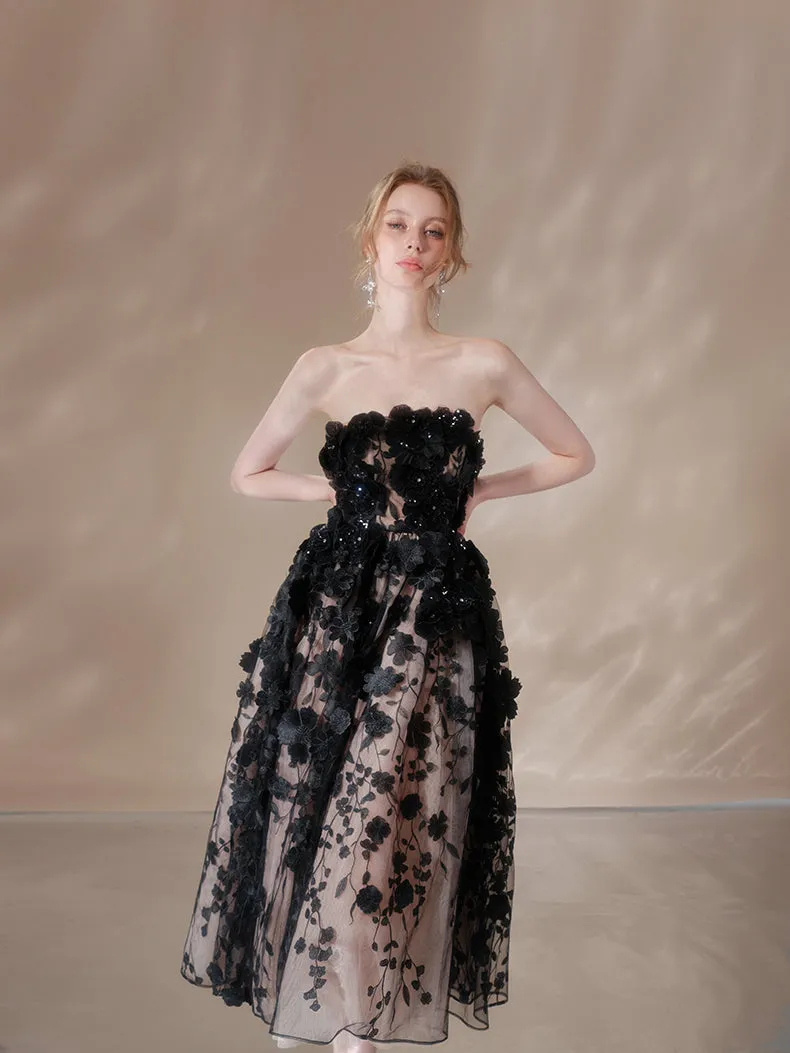 anna crystal floral embroidery midi dress in black Gloria Lanvin