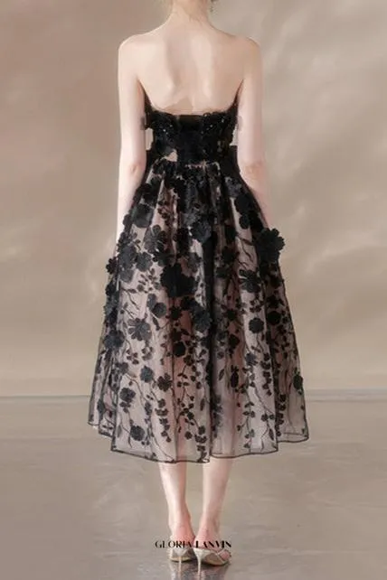 anna crystal floral embroidery midi dress in black Gloria Lanvin