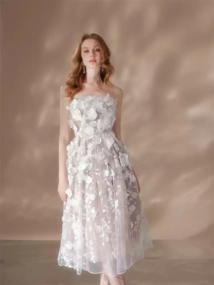 anna crystal floral embroidery midi dress in white Gloria Lanvin