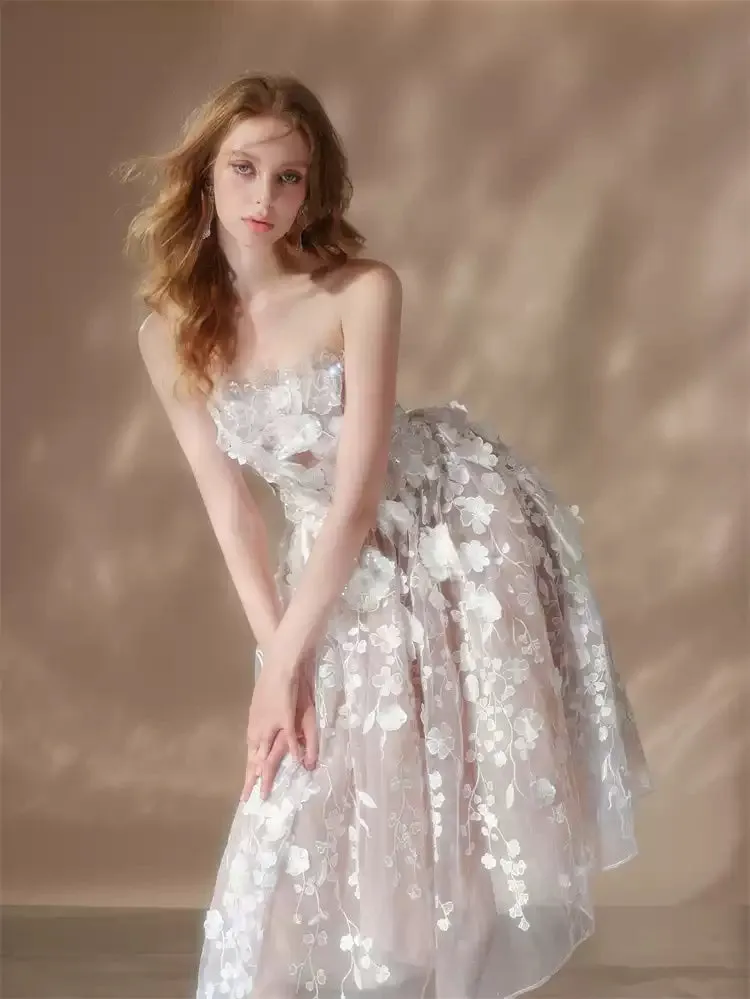 anna crystal floral embroidery midi dress in white Gloria Lanvin