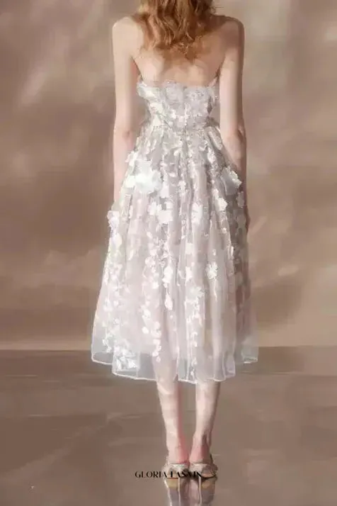 anna crystal floral embroidery midi dress in white Gloria Lanvin