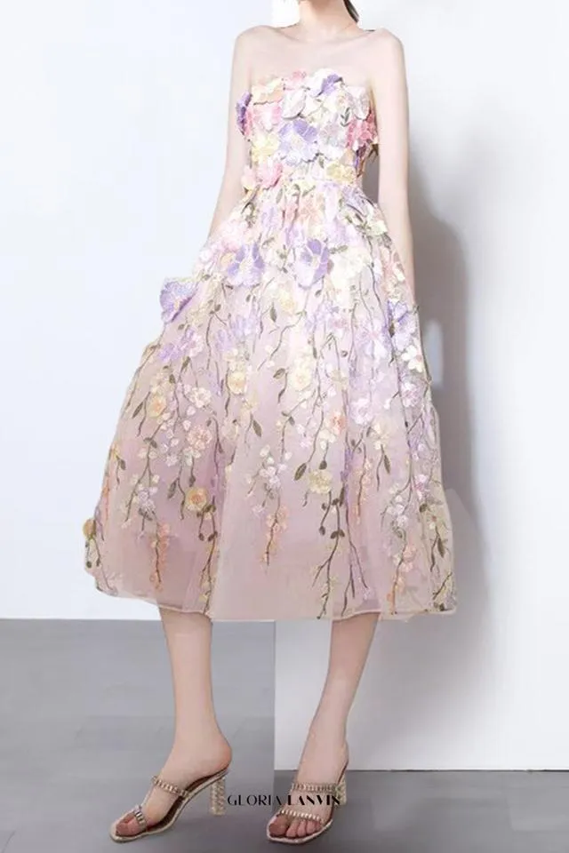 anna floral embroidery midi dress in pastel pink Gloria Lanvin