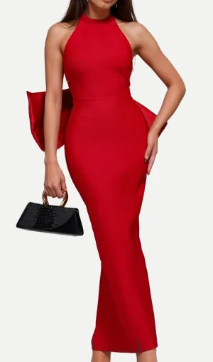 ANNA HUGE BOW SPLIT BANDAGE MAXI DRESS IN RED Gloria Lanvin