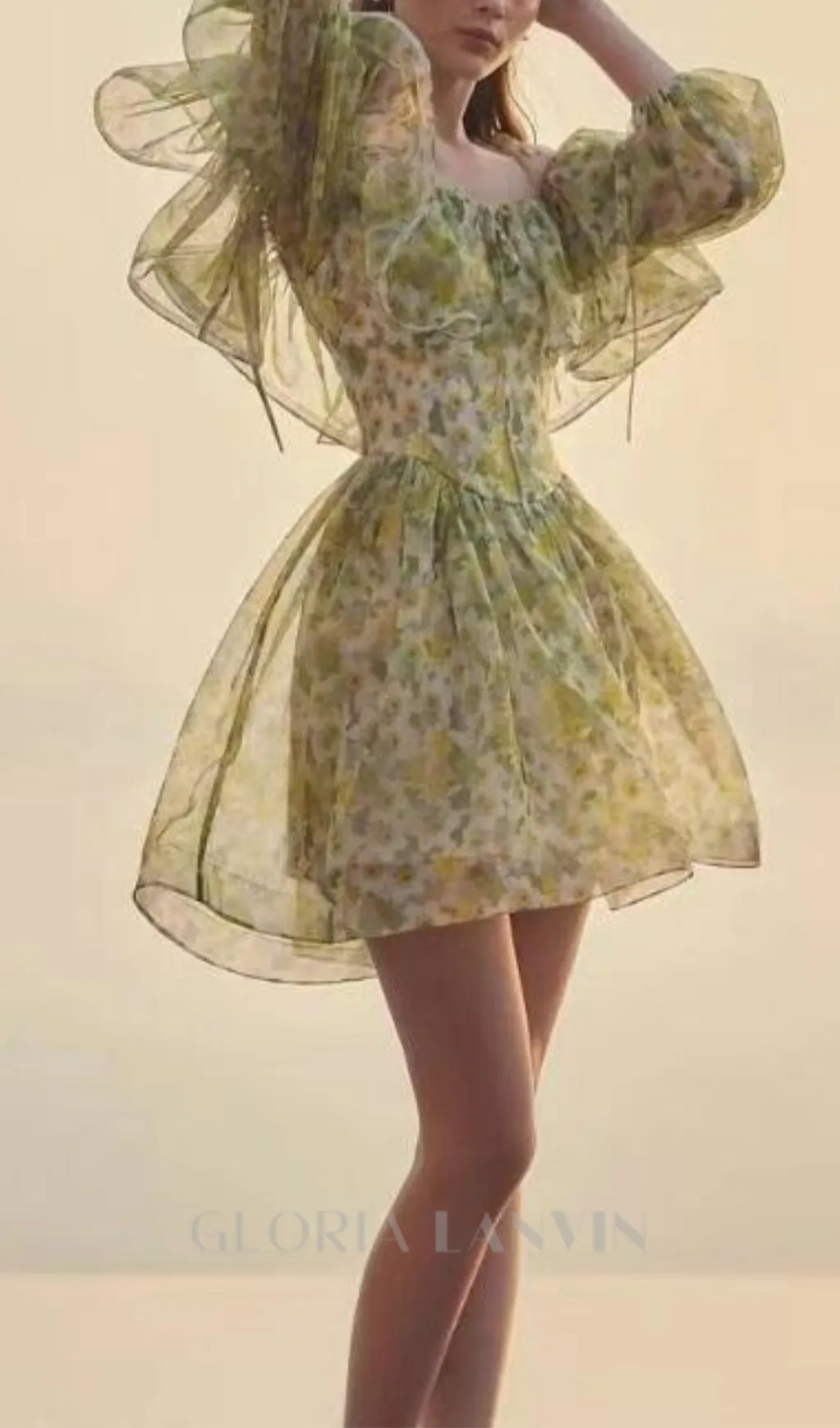 ANNA PRINTED RUFFLE TRIM MINI DRESS IN Green Gloria Lanvin