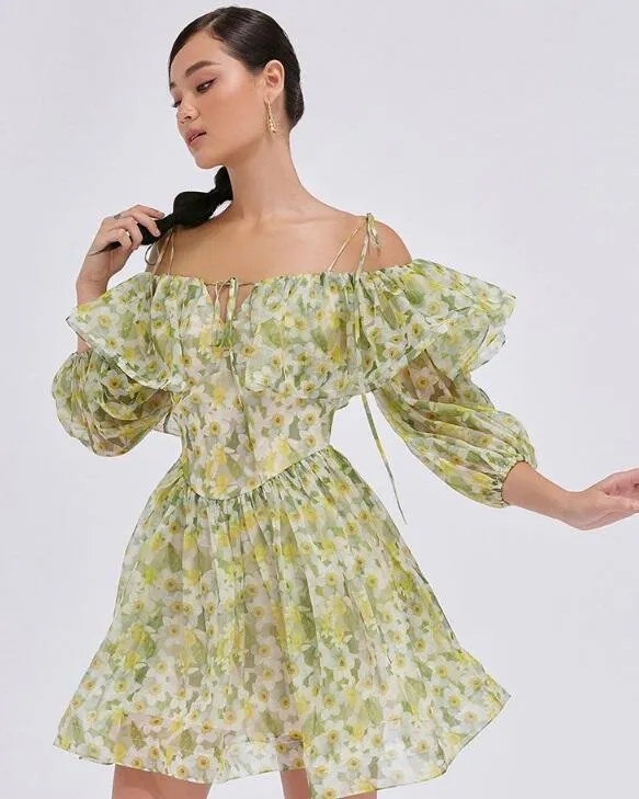 ANNA PRINTED RUFFLE TRIM MINI DRESS IN Green Gloria Lanvin