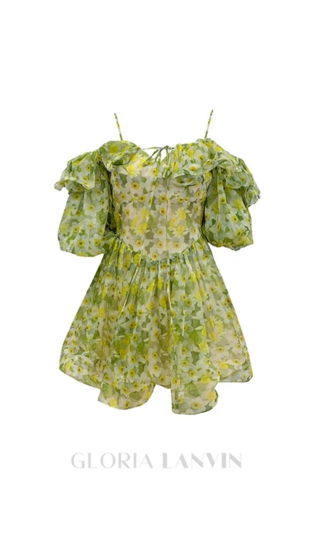 ANNA PRINTED RUFFLE TRIM MINI DRESS IN Green Gloria Lanvin
