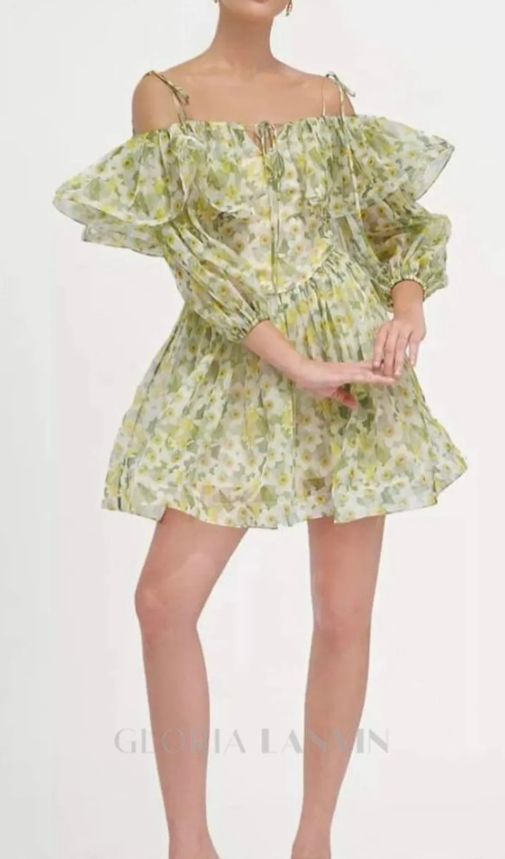 ANNA PRINTED RUFFLE TRIM MINI DRESS IN Green Gloria Lanvin
