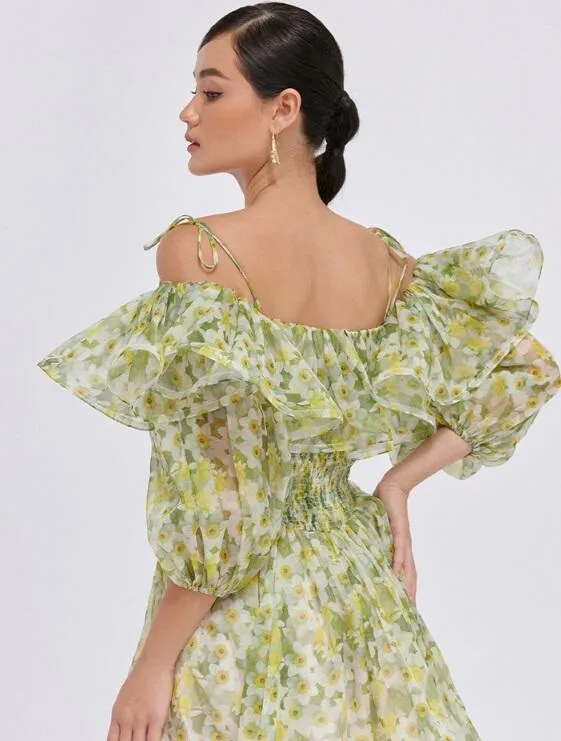 ANNA PRINTED RUFFLE TRIM MINI DRESS IN Green Gloria Lanvin