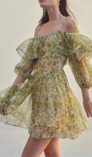 ANNA PRINTED RUFFLE TRIM MINI DRESS IN Green Gloria Lanvin