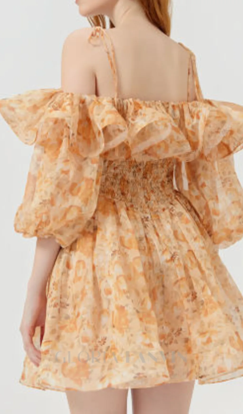 ANNA PRINTED RUFFLE TRIM MINI DRESS IN ORANGE Gloria Lanvin