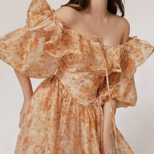 ANNA PRINTED RUFFLE TRIM MINI DRESS IN ORANGE Gloria Lanvin