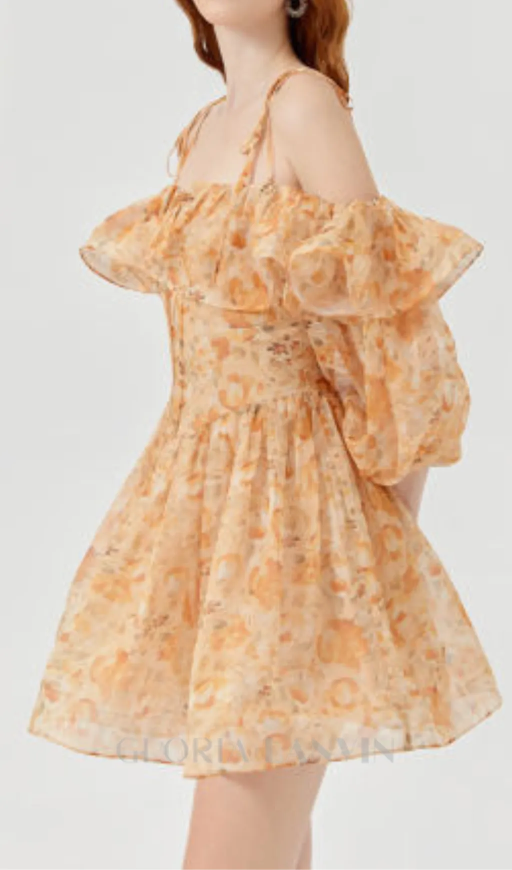 ANNA PRINTED RUFFLE TRIM MINI DRESS IN ORANGE Gloria Lanvin