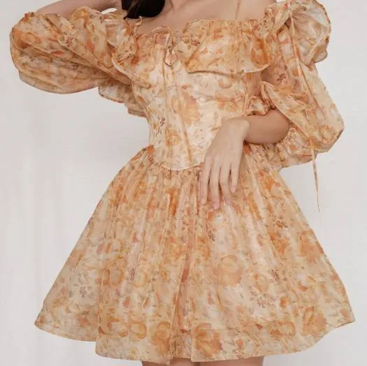 ANNA PRINTED RUFFLE TRIM MINI DRESS IN ORANGE Gloria Lanvin