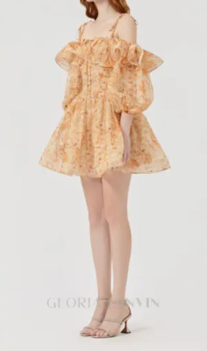 ANNA PRINTED RUFFLE TRIM MINI DRESS IN ORANGE Gloria Lanvin