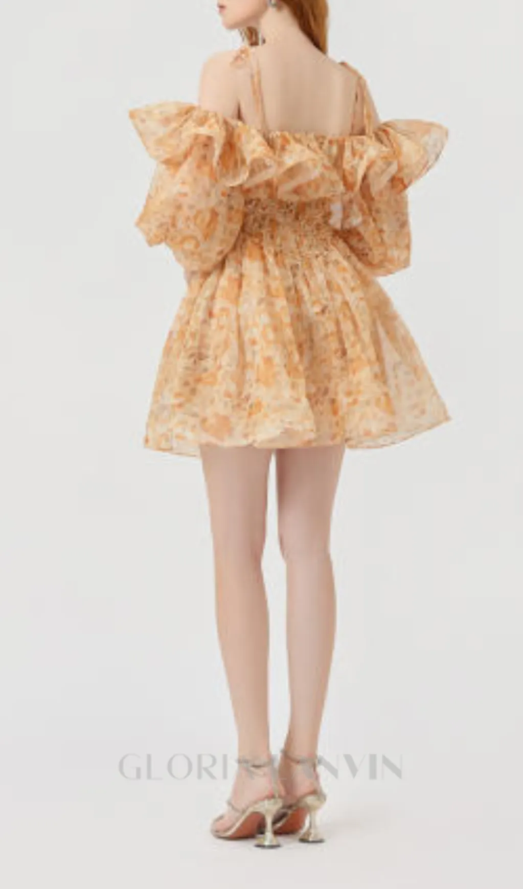 ANNA PRINTED RUFFLE TRIM MINI DRESS IN ORANGE Gloria Lanvin