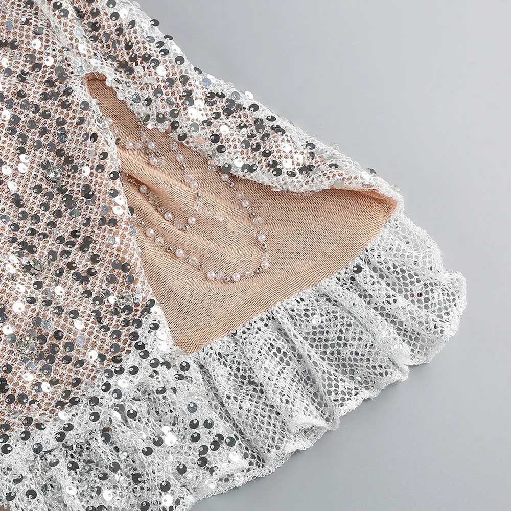 annabelle Smot Shoulder Chain Rhinestone Sequin Dress Gloria Lanvin
