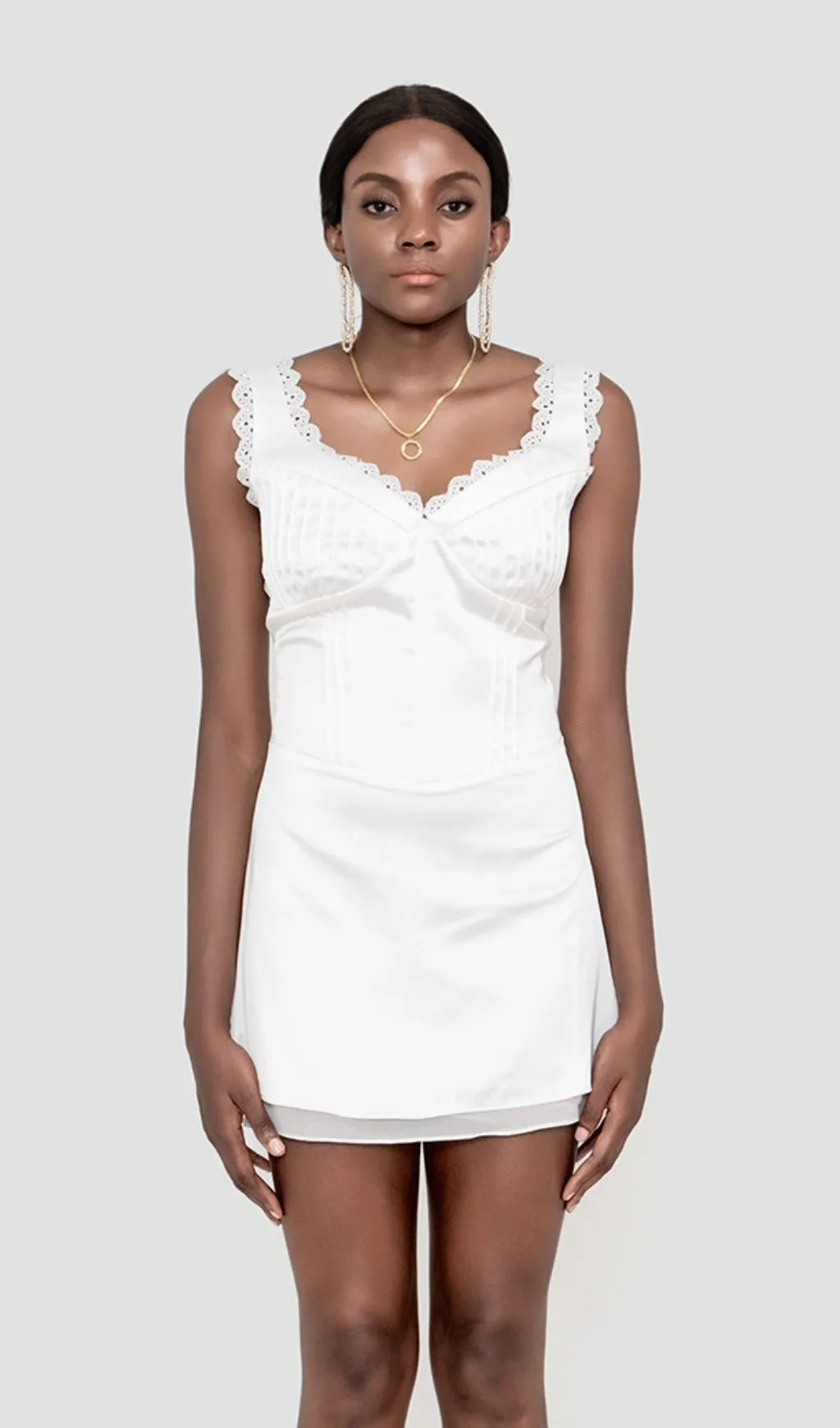 ANNIE WHITE SATIN PIN TUCK MINI DRESS Gloria Lanvin