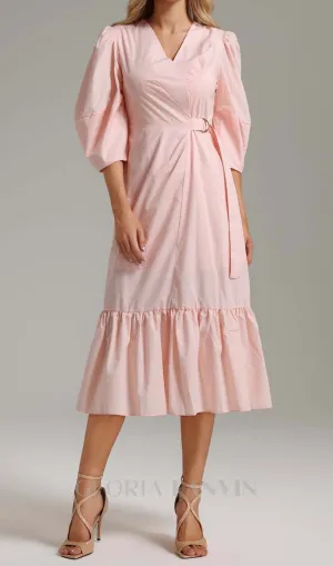 ANTONIA PINK PUFF SLEEVE RUFFLE MIDI DRESS Gloria Lanvin