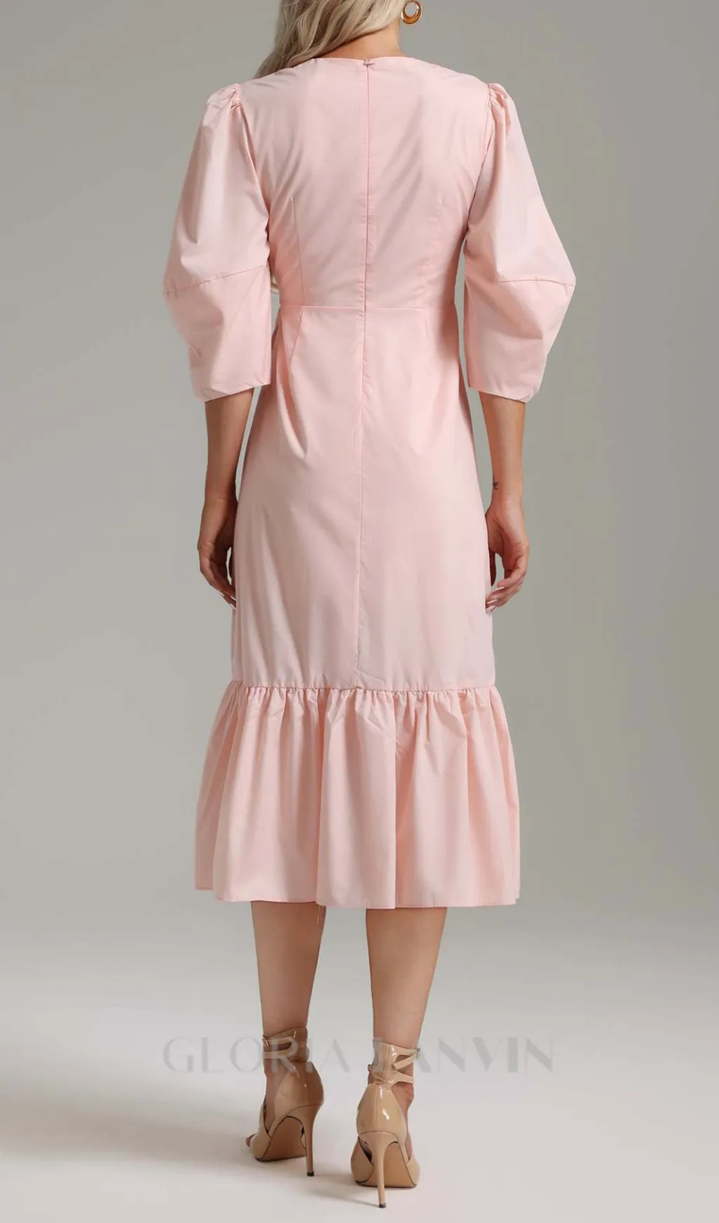 ANTONIA PINK PUFF SLEEVE RUFFLE MIDI DRESS Gloria Lanvin