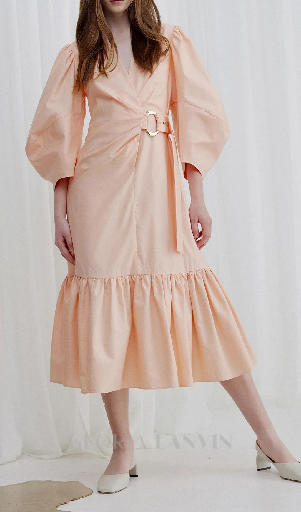 ANTONIA PINK PUFF SLEEVE RUFFLE MIDI DRESS Gloria Lanvin