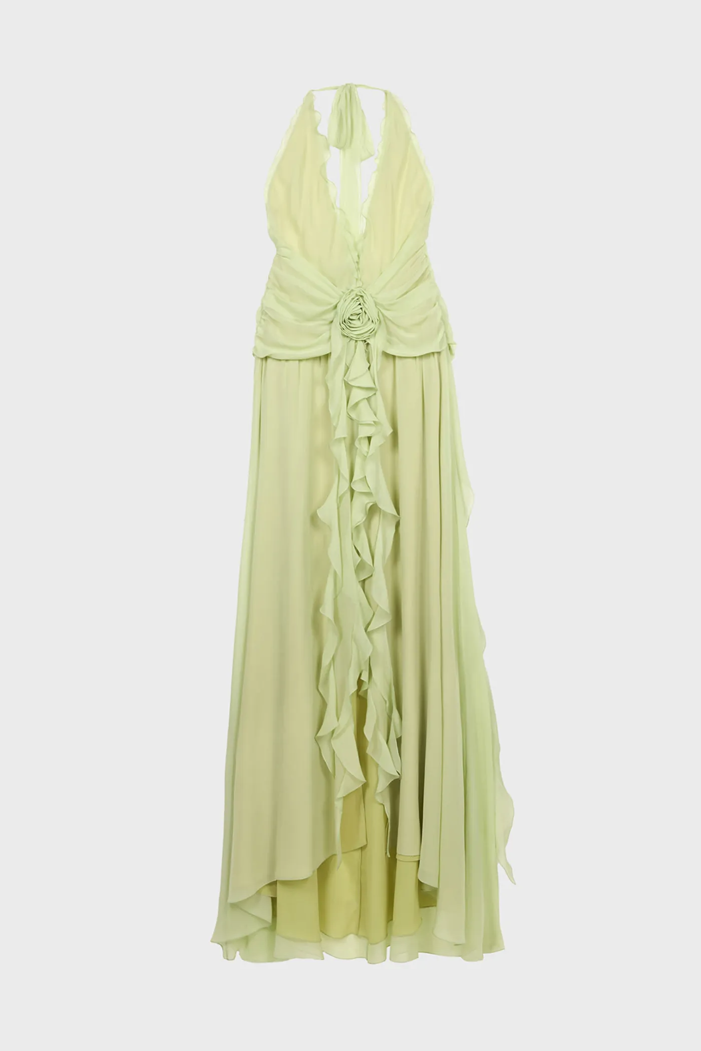 Aonaver Floral Ruffle Halter Maxi Dress in Green Gloria Lanvin