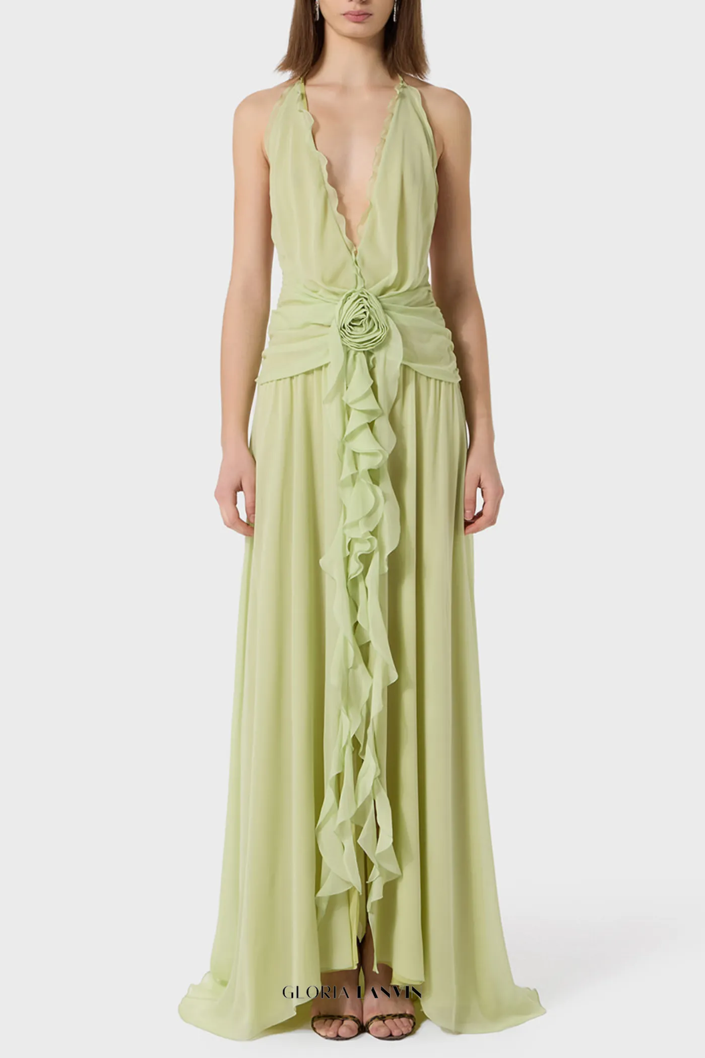 Aonaver Floral Ruffle Halter Maxi Dress in Green Gloria Lanvin
