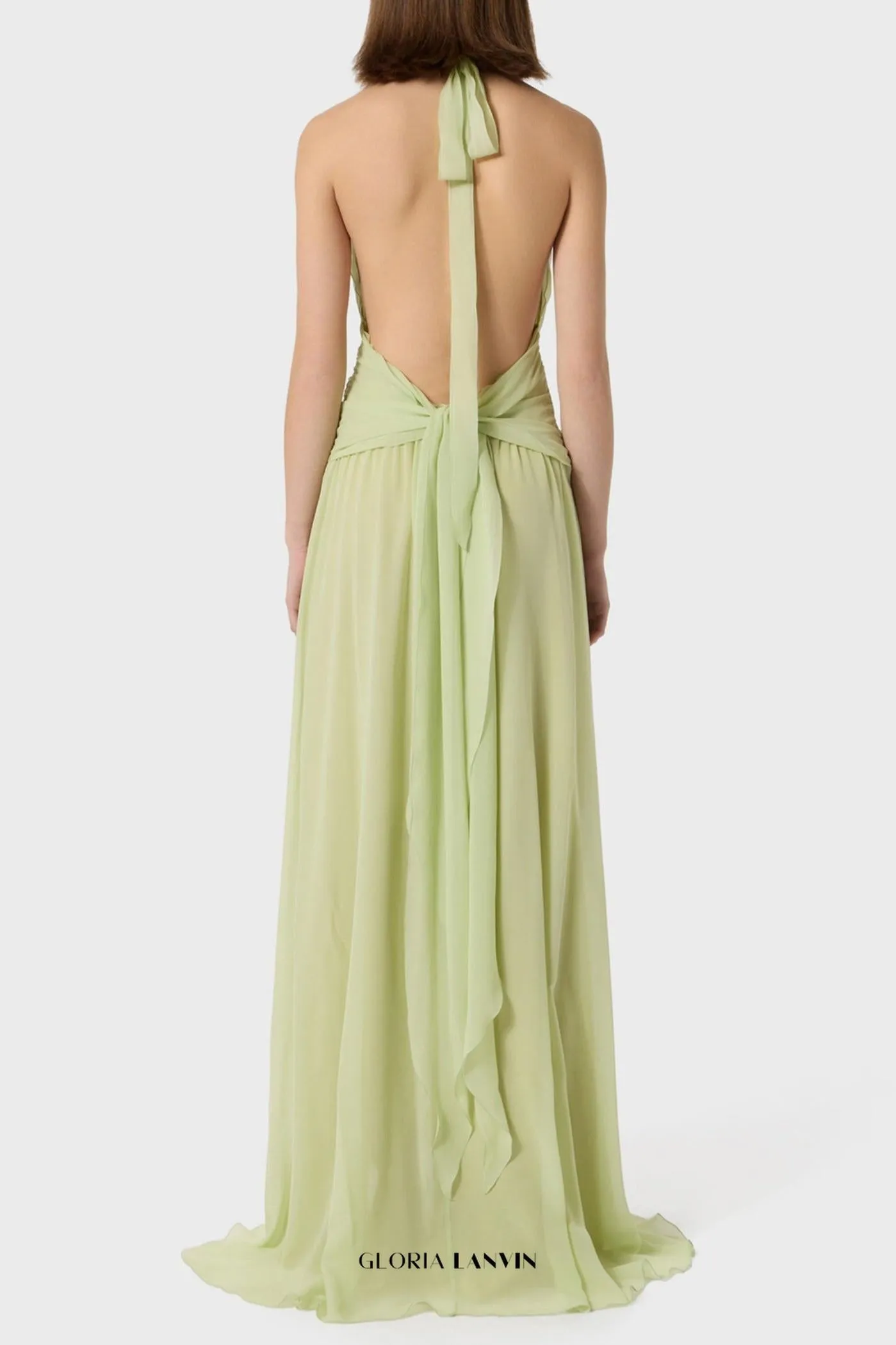 Aonaver Floral Ruffle Halter Maxi Dress in Green Gloria Lanvin