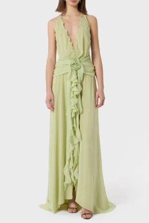 Aonaver Floral Ruffle Halter Maxi Dress in Green Gloria Lanvin