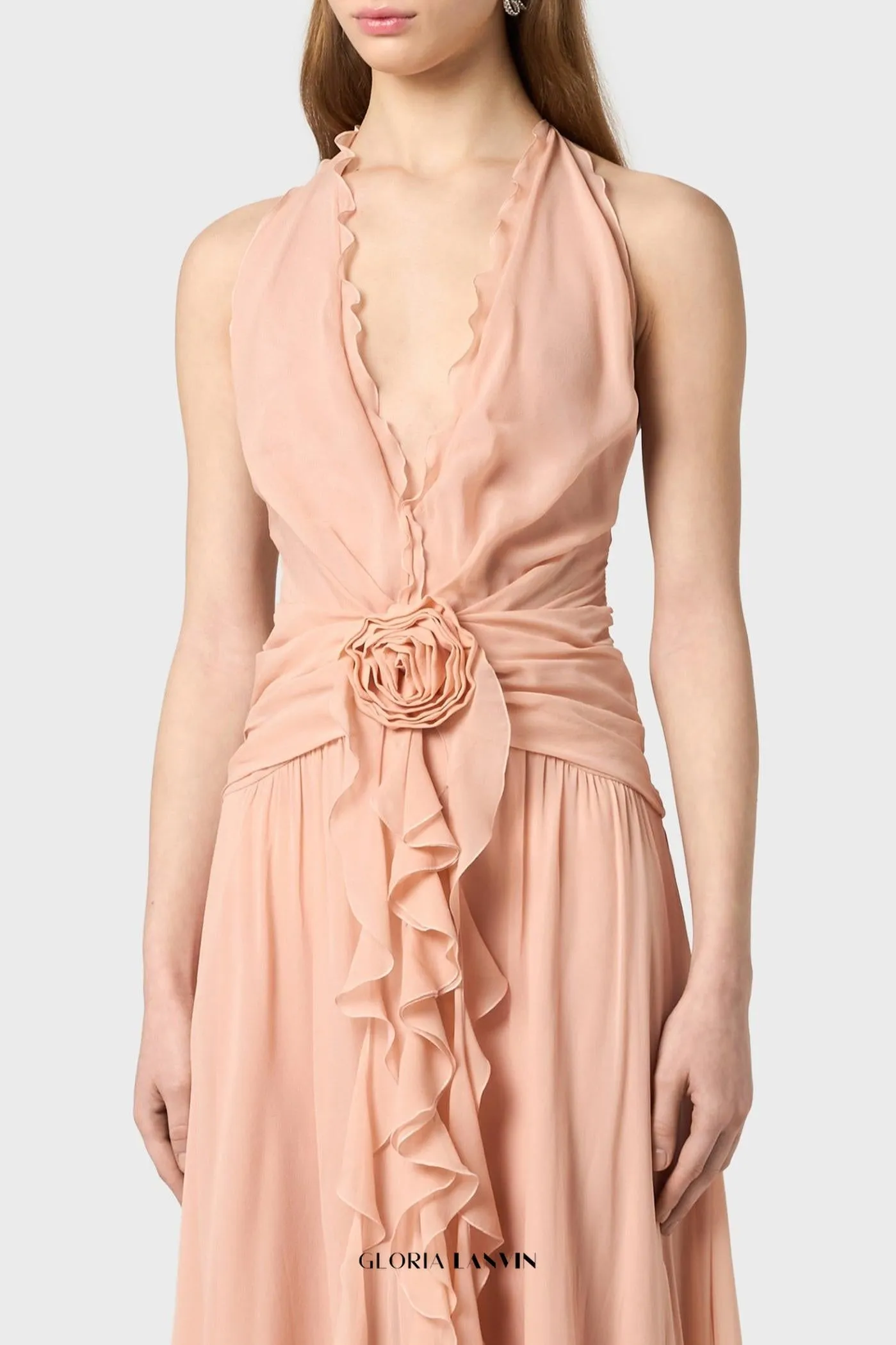 Aonaver Floral Ruffle Halter Maxi Dress in Pink Gloria Lanvin